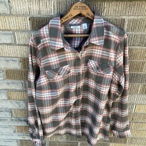 LL Bean Womens Large Plaid Check Flannel Button Up Shirt Long Sleeve Olive Red